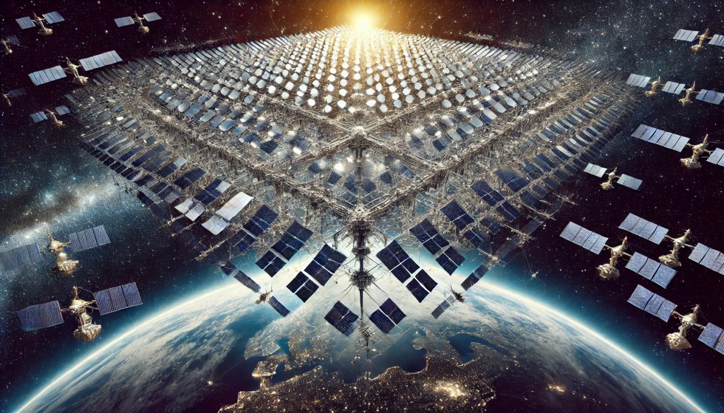 Illustration of satellites forming a megastructure to block sunlight from reaching Earth, generated for SpaceNews via DALL-E.