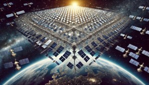 Illustration of satellites forming a megastructure to block sunlight from reaching Earth, generated for SpaceNews via DALL-E.