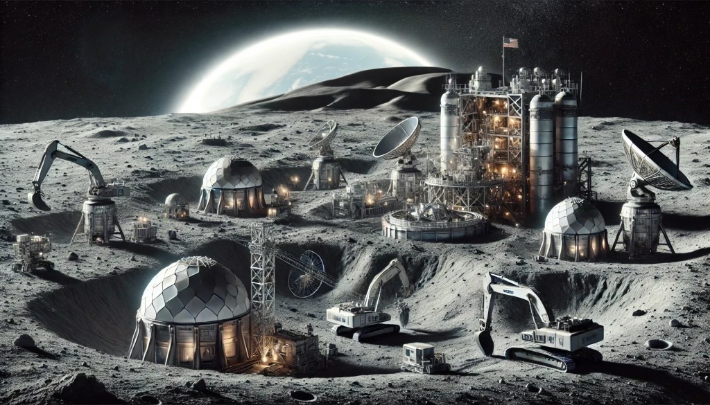 Illustration of a futuristic space mining operation generated for SpaceNews via DALL-E.
