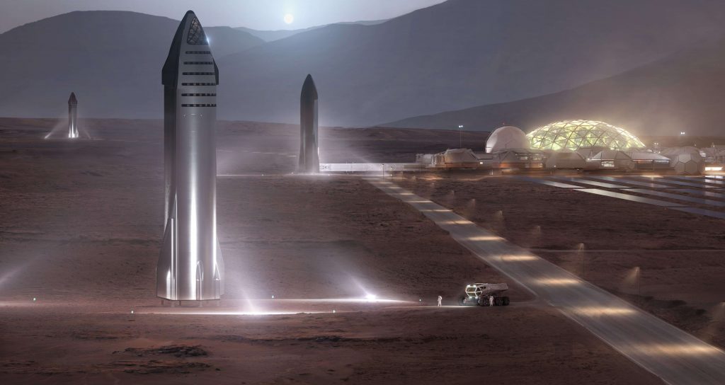 Concept art of a Starship launch pads on a Mars base. Credit: SpaceX