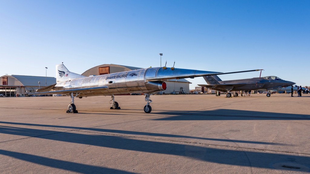 The Hermeus Quarterhorse aircraft at Edwards Air Force Base during a press event in December. Credit: Hermeus