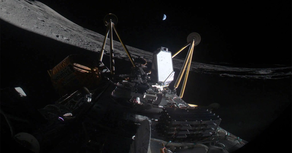 Intuitive Machines' Athena lunar lander, sitting on its side, after experiencing problems landing near the moon’s south pole March 6. Credit: Intuitive Machines