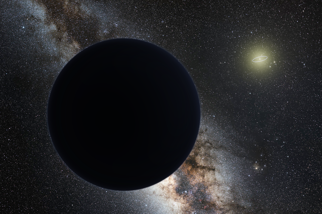 Artist's impression of Planet Nine as an ice giant eclipsing the central Milky Way, with a star-like Sun in the distance. Neptune's orbit is shown as a small ellipse around the Sun. (Credit : Nagual Design)
