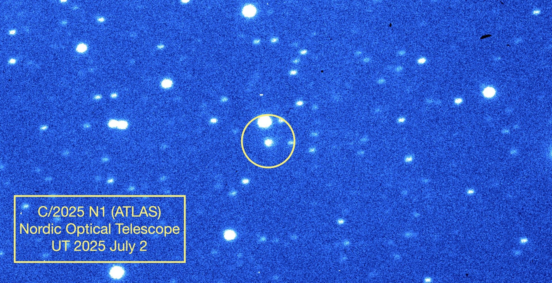 The faint dot of Comet 3I/ATLAS, imaged by the Nordic Optical Telescope in the Canary Islands the day after discovery. Credit: The Nordic Optical Telescope.