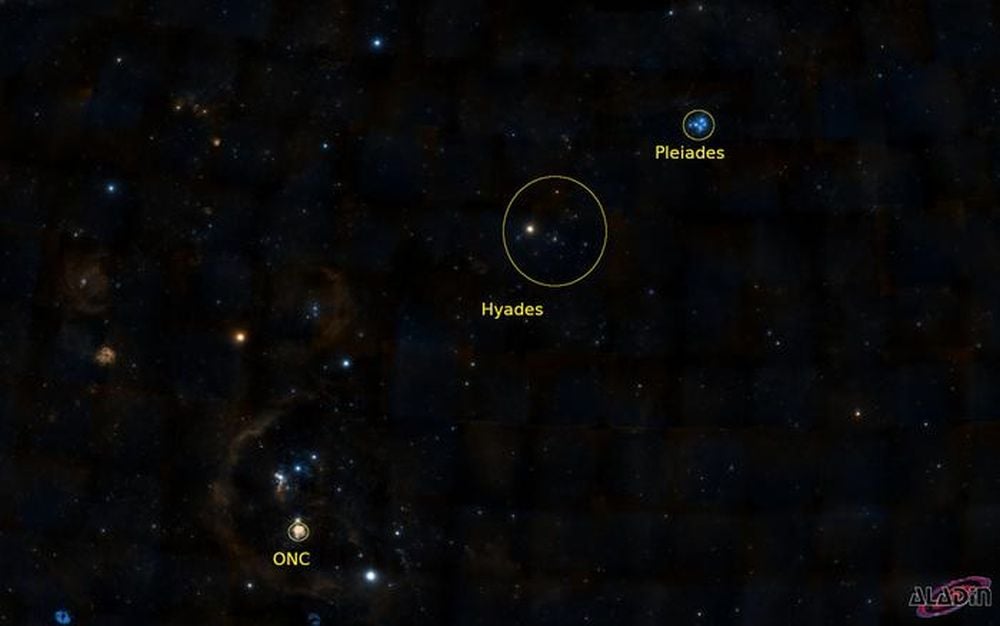 This image shows the constellation Orion with the Orion Nebula Cluster as the central “star” in the sword of Orion, the Pleiades and the Hyades. All three open clusters are highlighted by large yellow circles. New research shows that the clusters are following the same evolutionary path. Image Credit: Aladin sky atlas/CDS Strasbourg Observatory (France)
