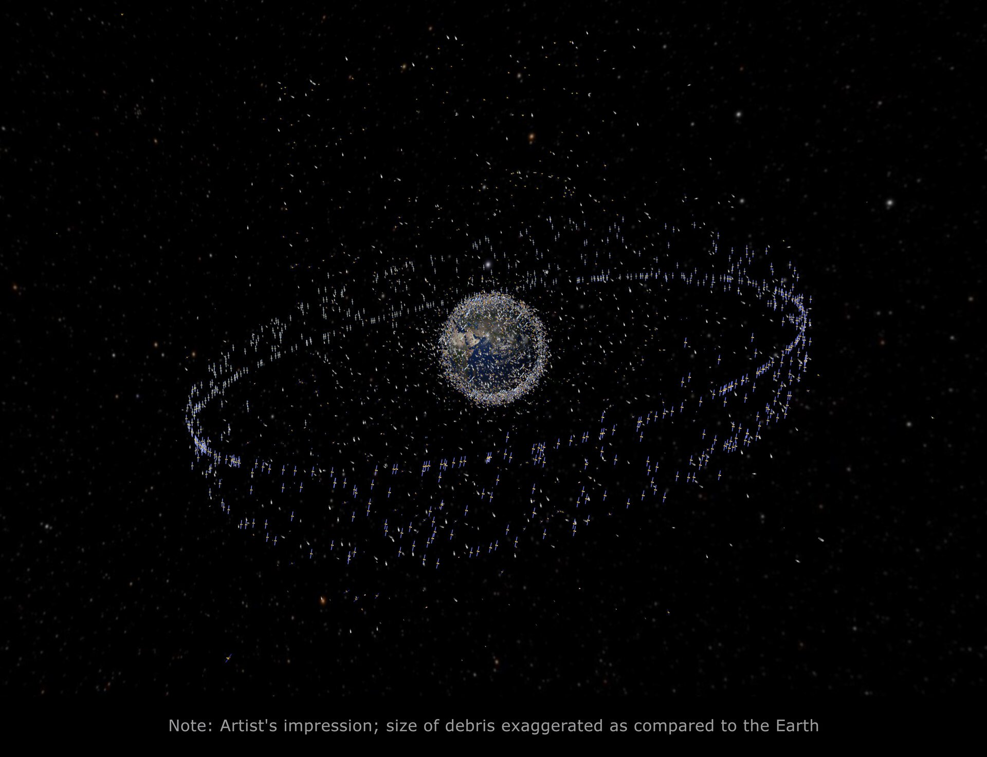 Artist's depiction of trackable objects around Earth, including in GEO. Credit - ESA