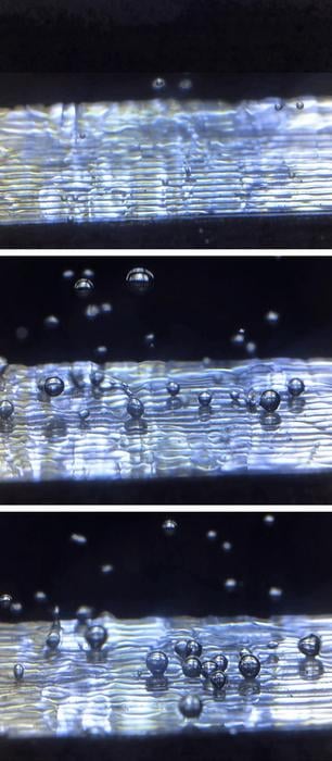 Image from previous studies examining boiling water under different gravity environments (Earth (top), Martian (middle) and Lunar (bottom)) on parabolic flights. (Credit: Southwest Research Institute)