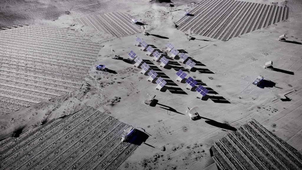 Artwork depicting lunar mining operations for Helium-3 involving harvesters, a solar power plant, rovers and return launchers. Credit: Interlune