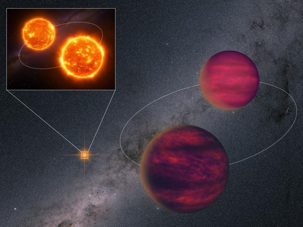 An artist's illustration of a rare quadruple star system consisting of a binary pair of red dwarfs and a binary pair of brown dwarfs. This system could advance astronomers' understanding of dim and difficult to observe brown dwarfs. Image Credit: Jiaxin Zhong/Zenghua Zhang. License type: Attribution (CC BY 4.0)