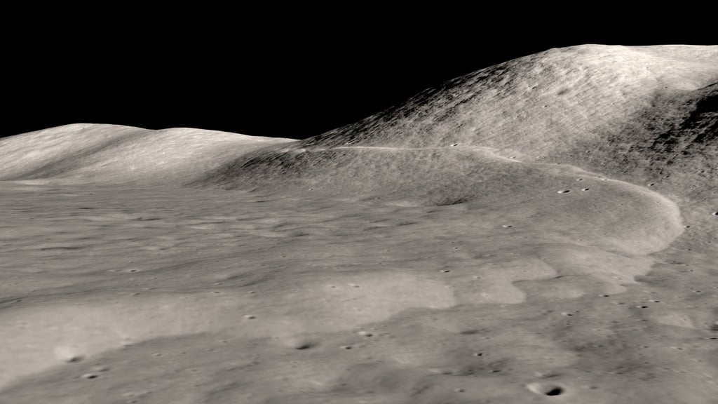 A scene from a visualization of the Lee-Lincoln scarp in Taurus-Littrow on the Moon. This scarp is evidence of moonquakes that sent rocks and landslides across the surface. Seismometers left on the Moon by Apollo astronauts recorded hundreds of events between 1969 and 1977, including 28 shallow moonquakes. The study narrowed the locations of these quakes and found that many of them occurred near scarps, implying that the forces creating the scarps also caused the quakes, and they continue to shape the lunar surface. The Lee-Lincoln scarp was only about 13 kilometers from one of the epicenters identified by the scientists. Credit: NASA's Scientific Visualization Studio