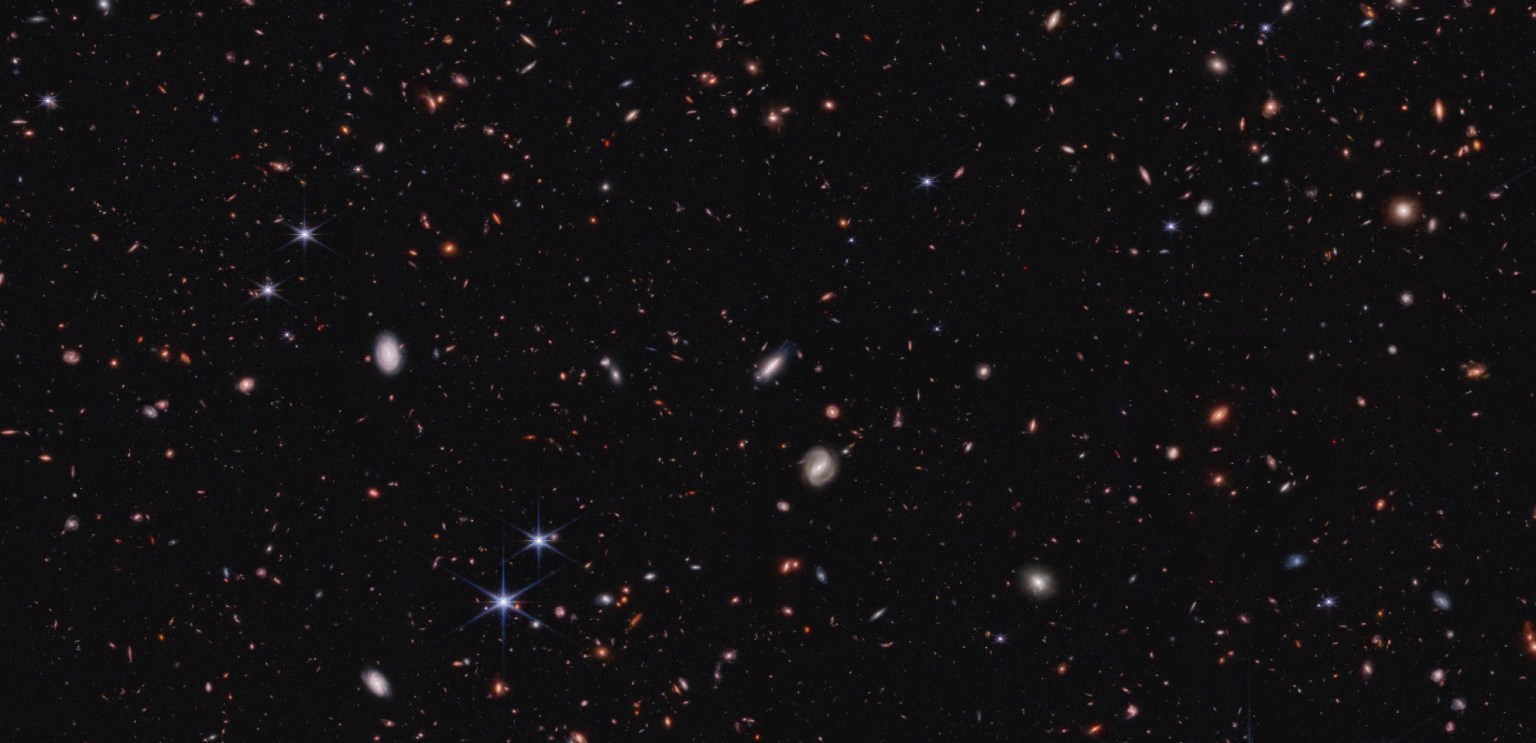 This image shows a small portion of the field observed by NASA’s James Webb Space Telescope’s NIRCam (Near-Infrared Camera) for the Cosmic Evolution Early Release Science (CEERS) survey. It is filled with galaxies. Some galaxies appear to have grown so massive, so quickly, that simulations couldn’t account for them. Recent studies of some objects in this field indicate they could have started galaxy formation earlier than thought. NASA, ESA, CSA, S. Finkelstein (University of Texas)