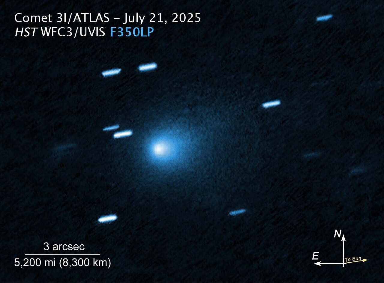 An image of the interstellar comet 3I/ATLAS moving through the solar system, captured by the Hubble Space Telescope. Credit: NASA/ESA/UCLA/STScI
