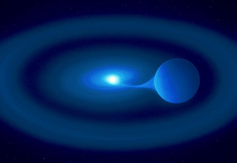 This illustration shows the double star V Sagittae. It's about 10,000 light years from Earth, and hosts a Wolf-Rayet star that's drawing material away from its main sequence companion. Image Credit: University of Southampton
