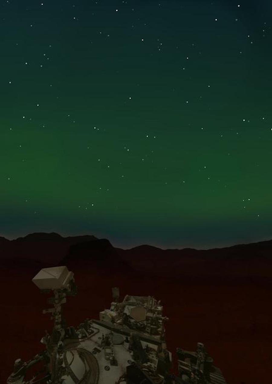 An artist’s impression of how the aurora might appear in the sky above the Perseverance rover (Credit : Alex McDougall-Page, University of Strathclyde/AstrollCareers)