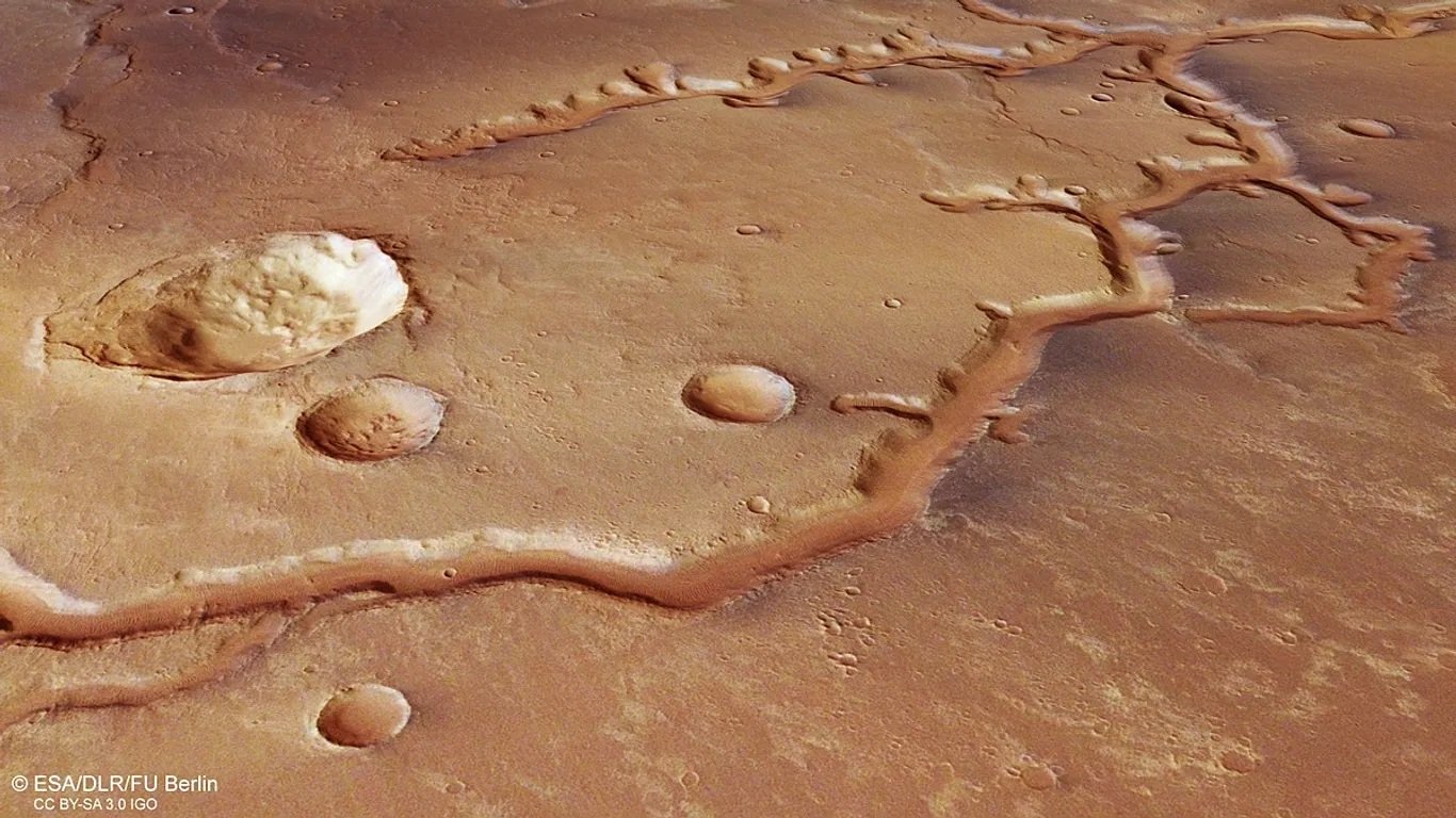 The ESA's Mars Express captured this image of an ancient, dried-up river system that spans nearly 700 km (435 mi) across the surface of Mars. Credit: ESA/Björn Schreiner/FU Berlin