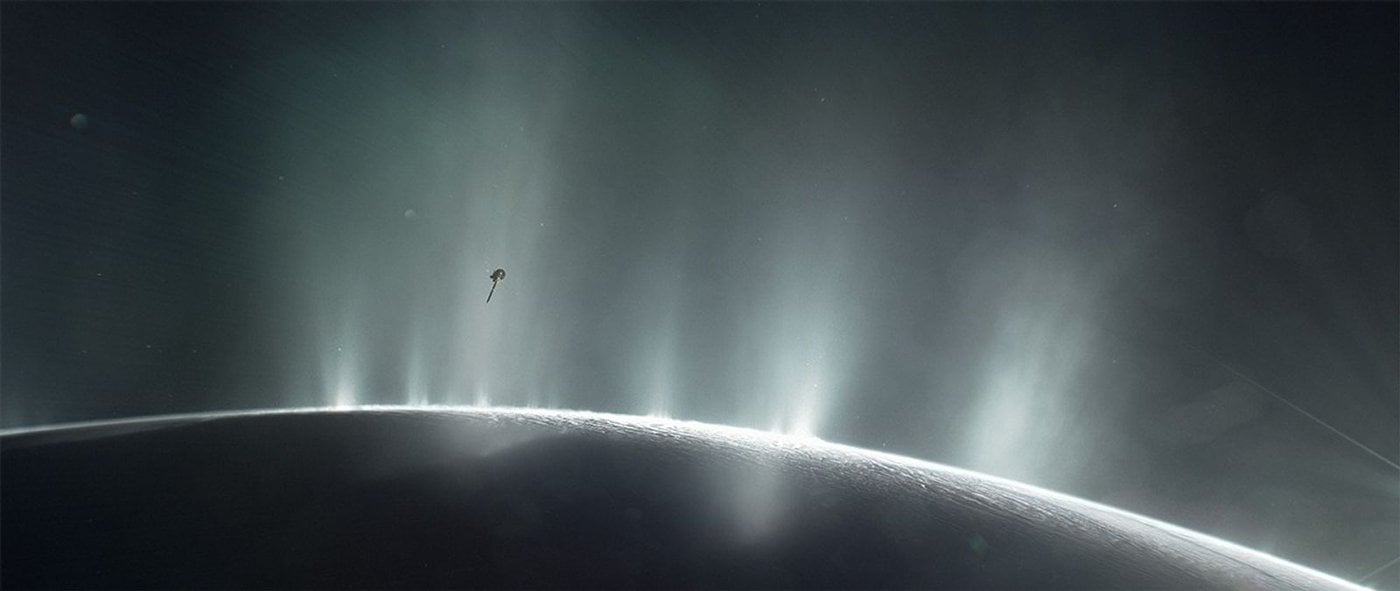 Artist's conception of Cassini sampling the geysers on Enceladus. Credit - NASA/JPL-Caltech
