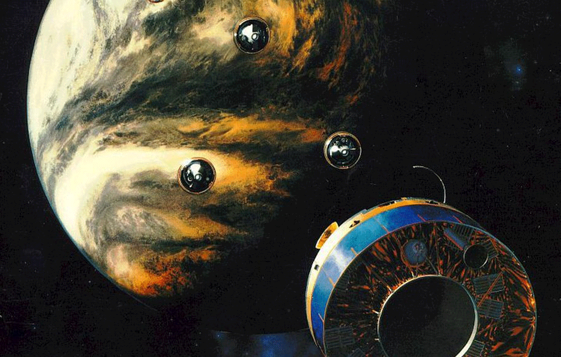 Depiction of the Pioneer probes descending to Venus' atmosphere. Credit - NASA