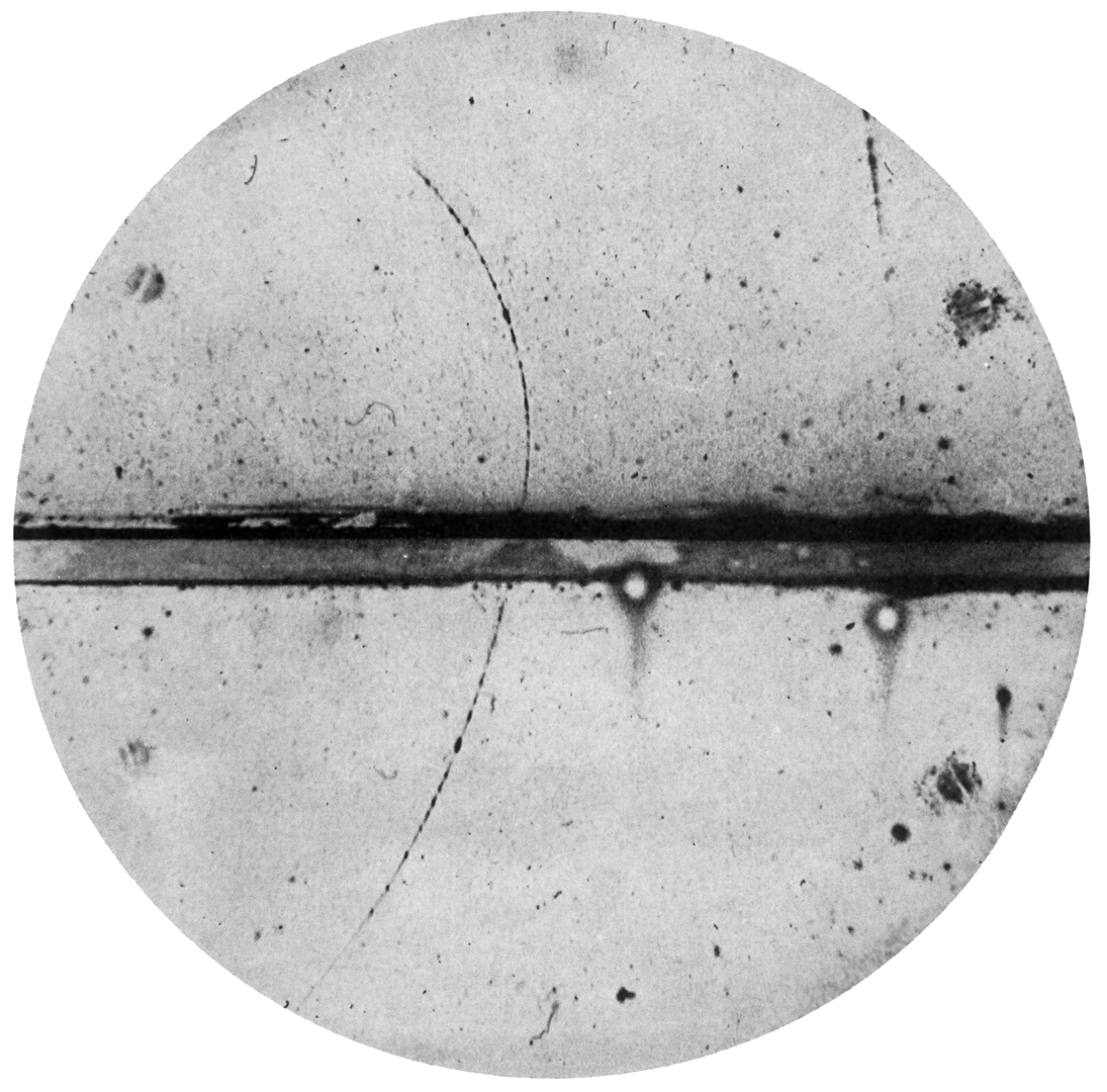 A cloud chamber photograph of the first observed particle of antimatter, the positron, 2 August 1932 (Credit : Carl D. Anderson)
