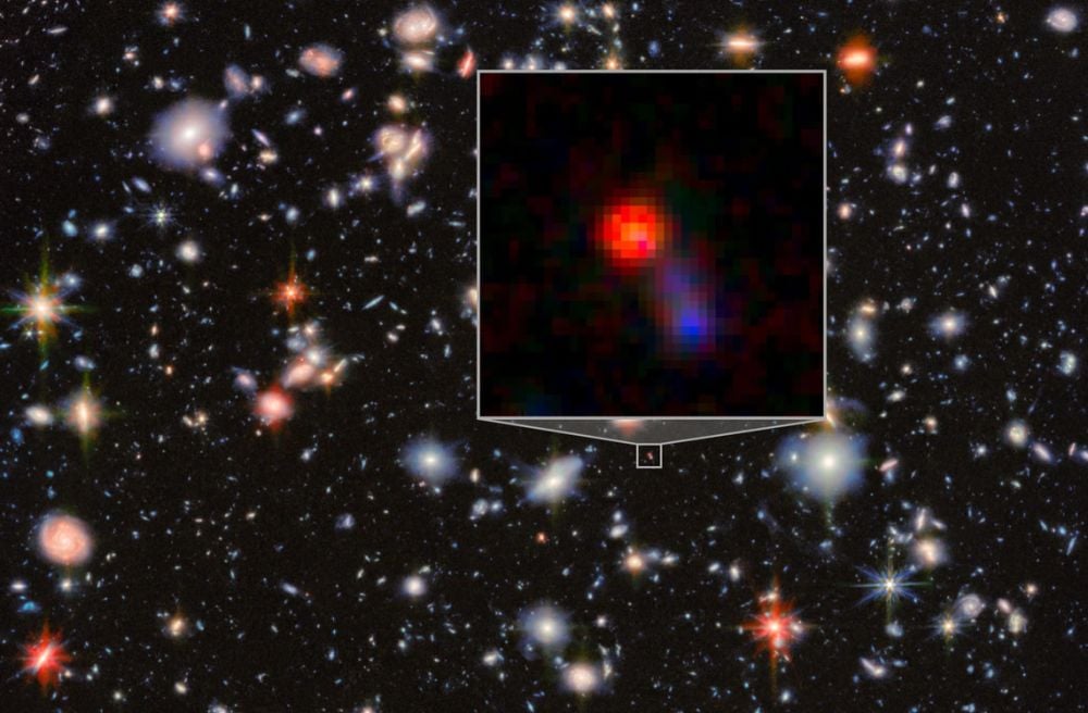 The JWST examined a puzzling a galaxy from when the Universe was only about 800 million years old. When observed in visible and UV light, it appears much like any other galaxy. But in infrared, the JWST can see its supermassive black hole, which is accreting massive amounts of matter and emitting extreme radiation. Image Credit: ESA/Webb, NASA & CSA, G. Östlin, P. G. Perez-Gonzalez, J. Melinder, the JADES Collaboration, M. Zamani (ESA/Webb)
