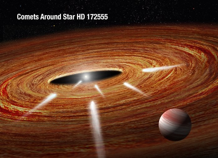Artist's conception of a series of exocomets approaching a newly formed star. Credit - NASA / ESA / A. Feild / G. Bacon (STScI)