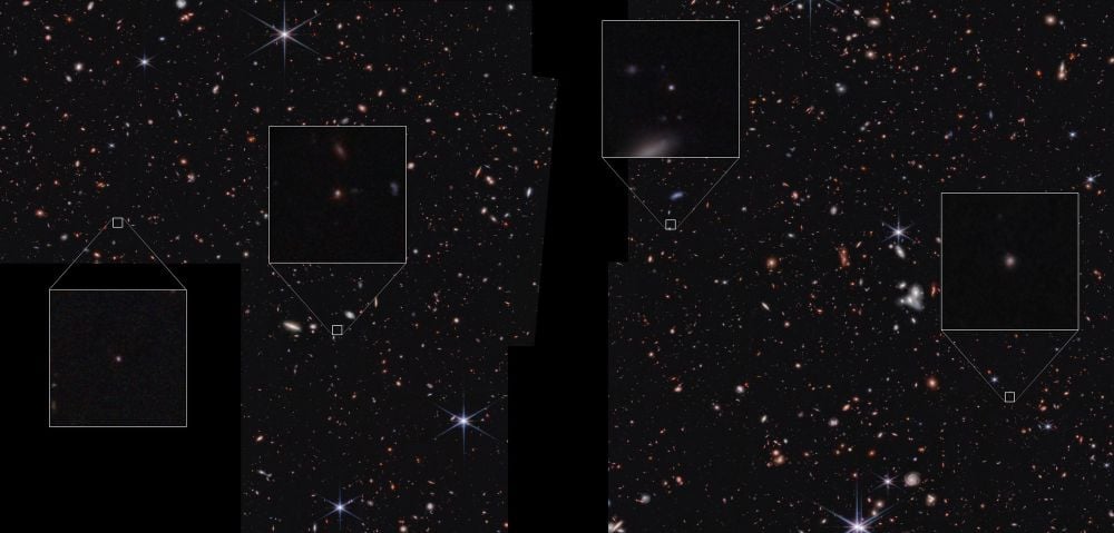 This image shows four of the nine oddball galaxies that astronomers are calling 'Astronomy's Platypus.' The JWST found them in its Cosmic Evolution Early Release Science Survey (CEERS). They're distinct from other galaxies because of their point-like appearances, though they lack the usual features that make galaxies appear point-like. Image Credit: NASA, ESA, CSA, Steve Finkelstein (UT Austin); Image Processing: Alyssa Pagan (STScI)