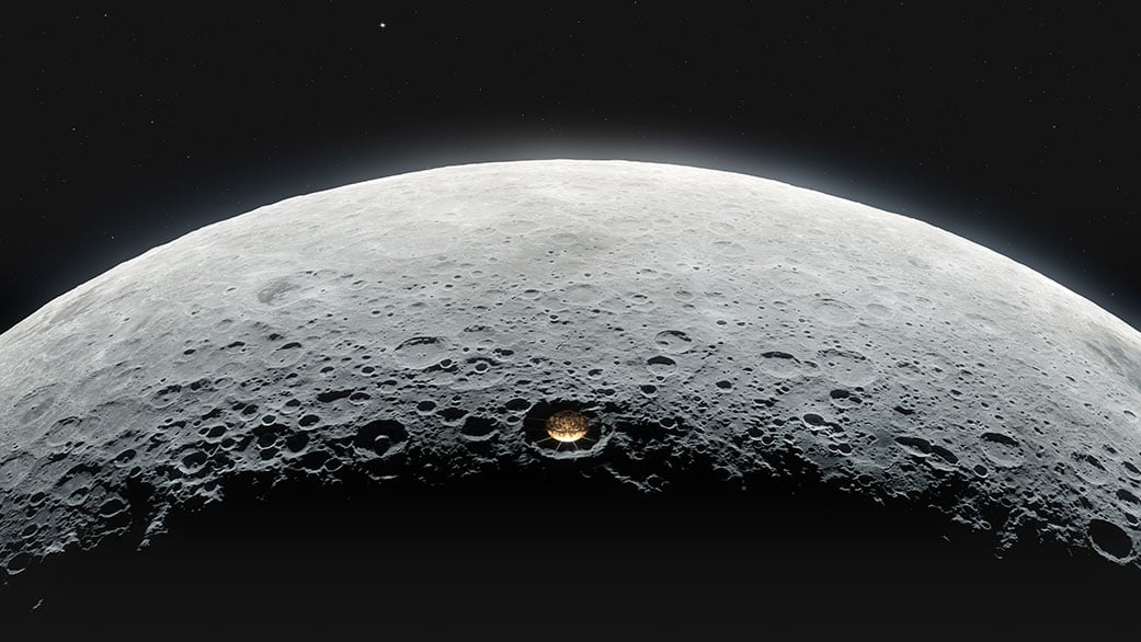 This illustration depicts a conceptual Lunar Crater Radio Telescope on the Moon’s far side. Credit: Vladimir Vustyansky / NASA