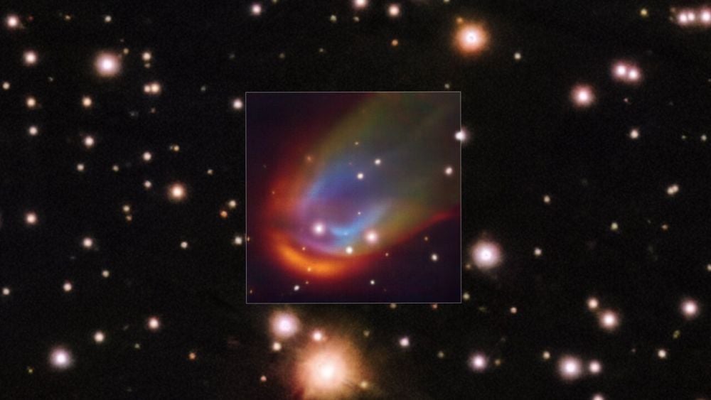 This image from the MUSE instrument on the ESO's Very Large Telescope shows the unexpected bow shock around a white dwarf star. Bow shocks are created by stellar winds colliding with the interstellar medium or by a star moving through the ISM. But finding one near a dead white dwarf stars is surprising. Is the white dwarf's magnetic field responsible? Image Credit: ESO/K. Iłkiewicz and S. Scaringi et al. Background: PanSTARRS. CC 4.0