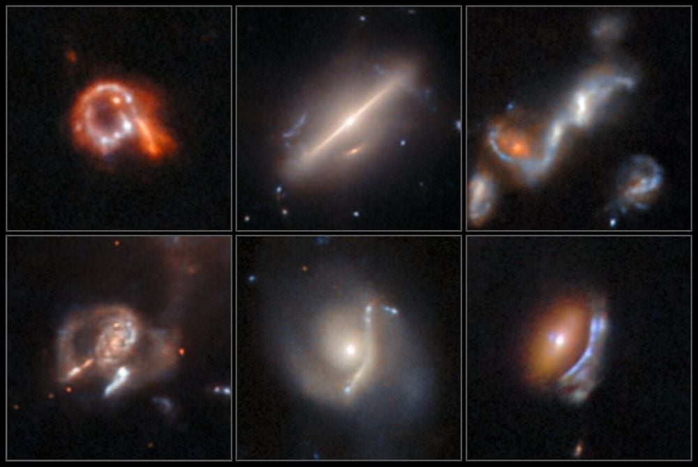 These six galaxies were among the almost 1,400 anomalous objects buried in the Hubble Legacy Archive. Researchers used AI tools to comb through the vast archive and detect anomalous objects. The discovered objects include a ring-shaped galaxy, a bipolar galaxy, a group of merging galaxies, and three galaxies with warped arcs created by gravitational lensing. Image Credit: ESA/Hubble & NASA, D. O’Ryan, P. Gómez (European Space Agency), M. Zamani (ESA/Hubble)