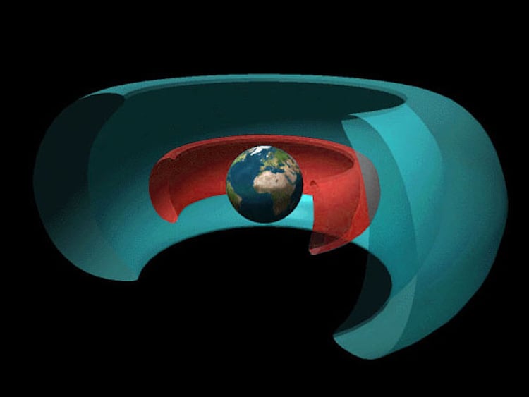 Cutaway drawing of two radiation belts around Earth; the inner belt (red) dominated by protons and the outer one (blue) by electrons. (Credit : JHUAPL, NASA)