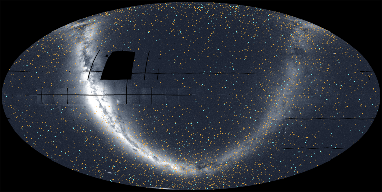 All-sky mosaic from NASA’s TESS (Transiting Exoplanet Survey Satellite) mission with orange dots depicting confirmed exoplanets and blue dots depicting candidate exoplanets. (Credit: NASA/MIT/TESS and Veselin Kostov (University of Maryland College Park))