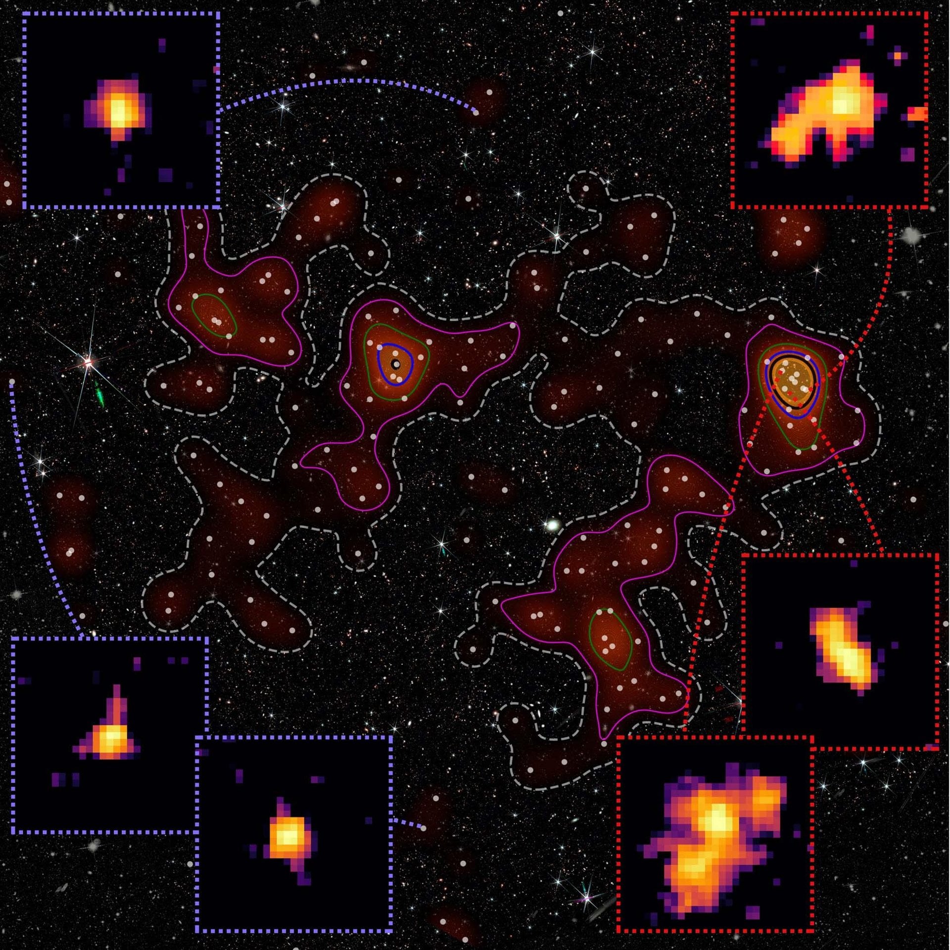 The Loktak protocluster region that lies some 12.6 billion light-years away. It shows how early cluster environments influence the evolution of young member galaxies. Credit: Laishram et al./NAOJ/NASA/ESA/CSA