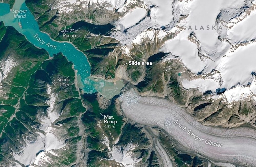 In 2025 landslide caused by the retreating South Sawyer Glacier in Alaska's Tracy Arm triggered the second highest tsuanami ever recorded. The tsunami swept down the fjord, causing more landslides on its way to the ocean. Satellite images show the aftermath, with noticeable run-up areas were trees were swept away. Image Credit: NASA