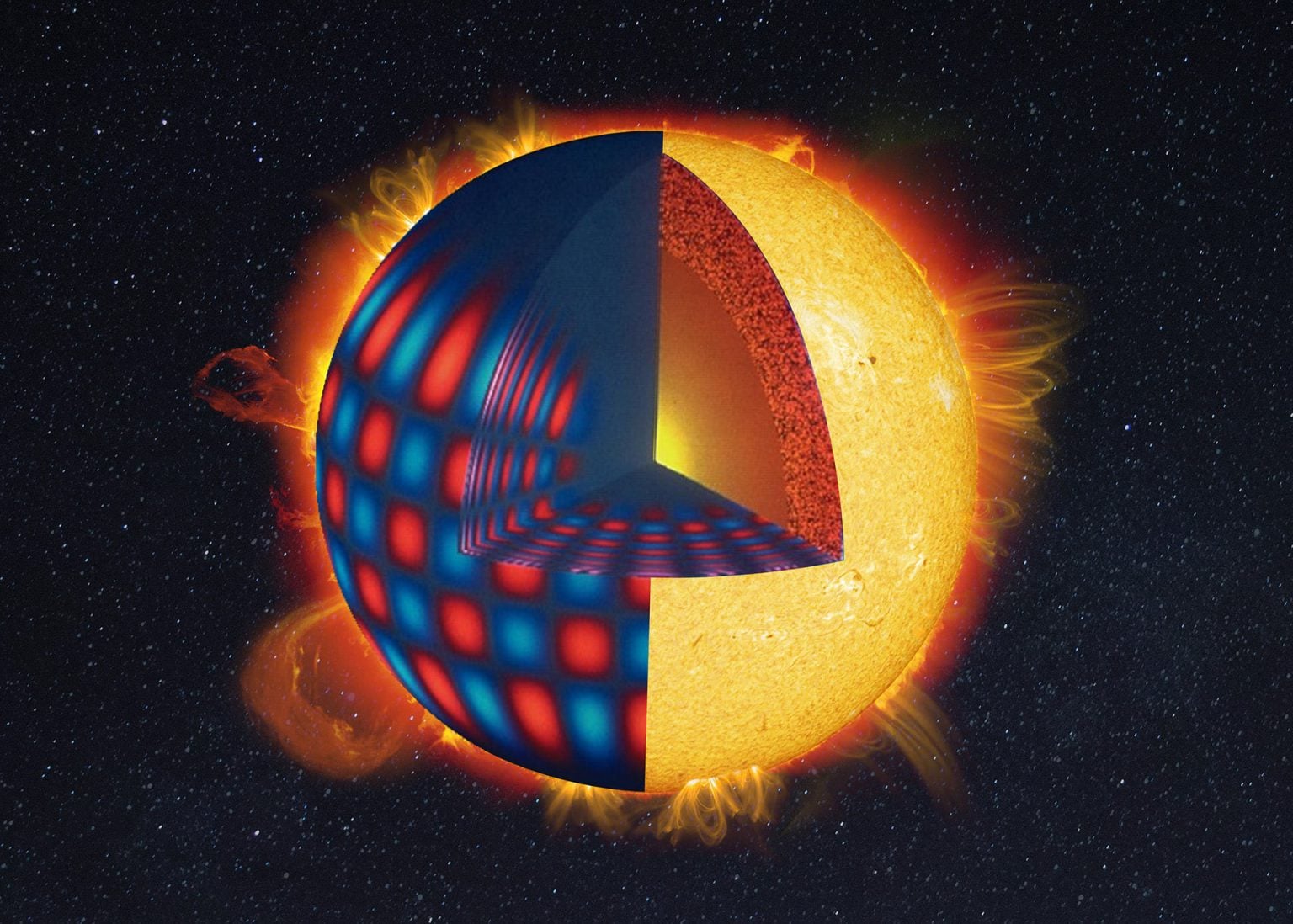 Artist rendering of a helioseismic map of the Sun that shows ten million modes of sound wave oscillations in the Sun. Such maps are helping scientists predict activity before it rotates into our view. Credit: NSF/NSO/AURA