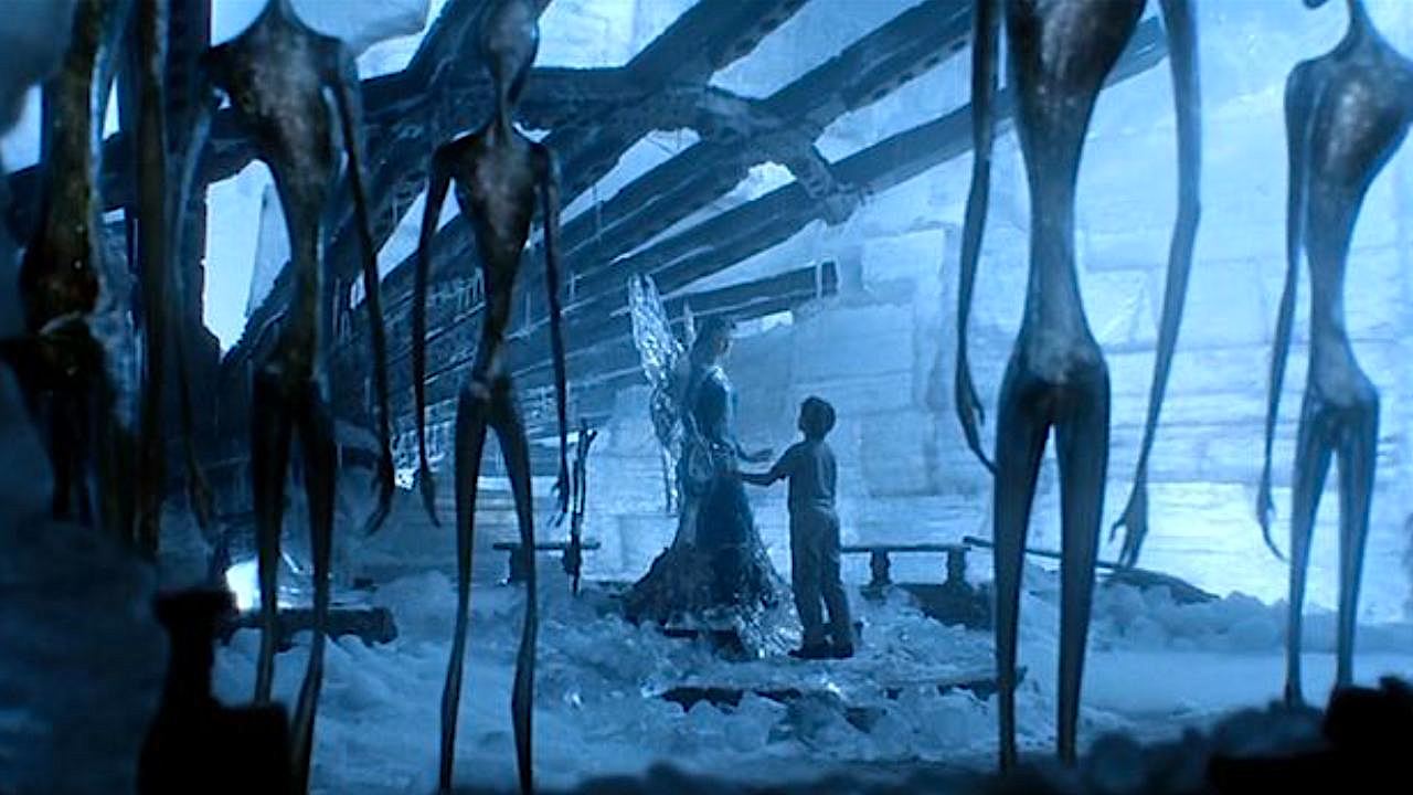 a blue fairy appears before a boy with aliens watching