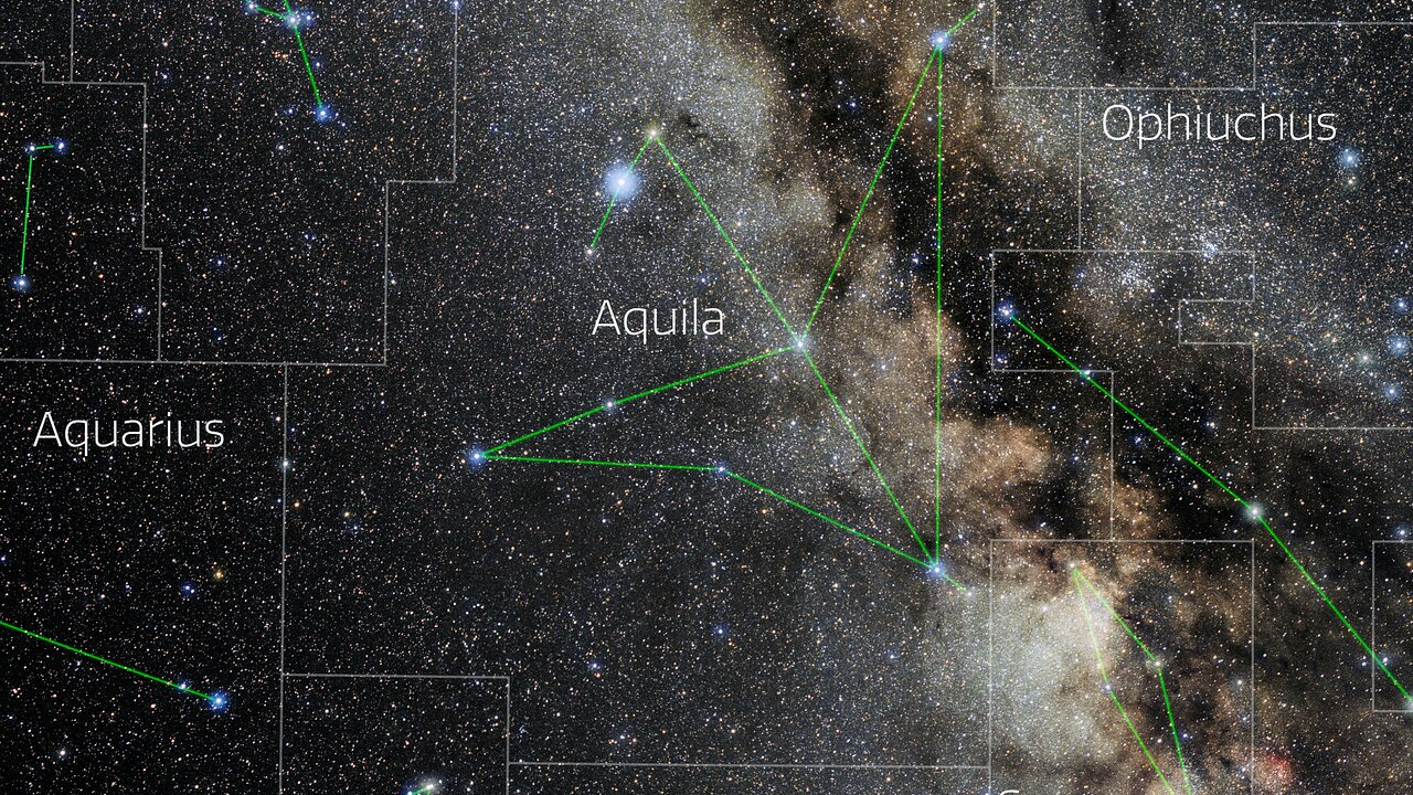 constellation Aquilla appearing to the left of the band of the Milky Way in the night sky