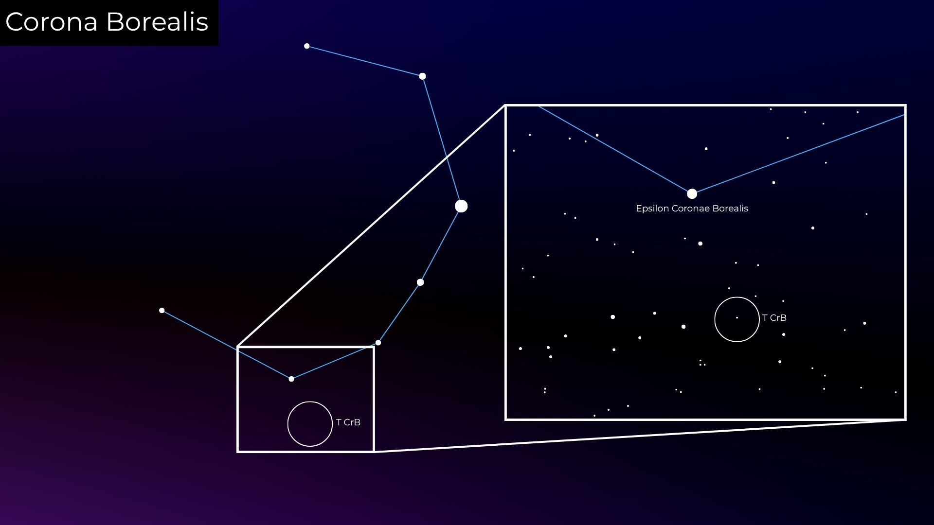 A starmap showing the location of Corona Borealis in the context of nearby constellations.