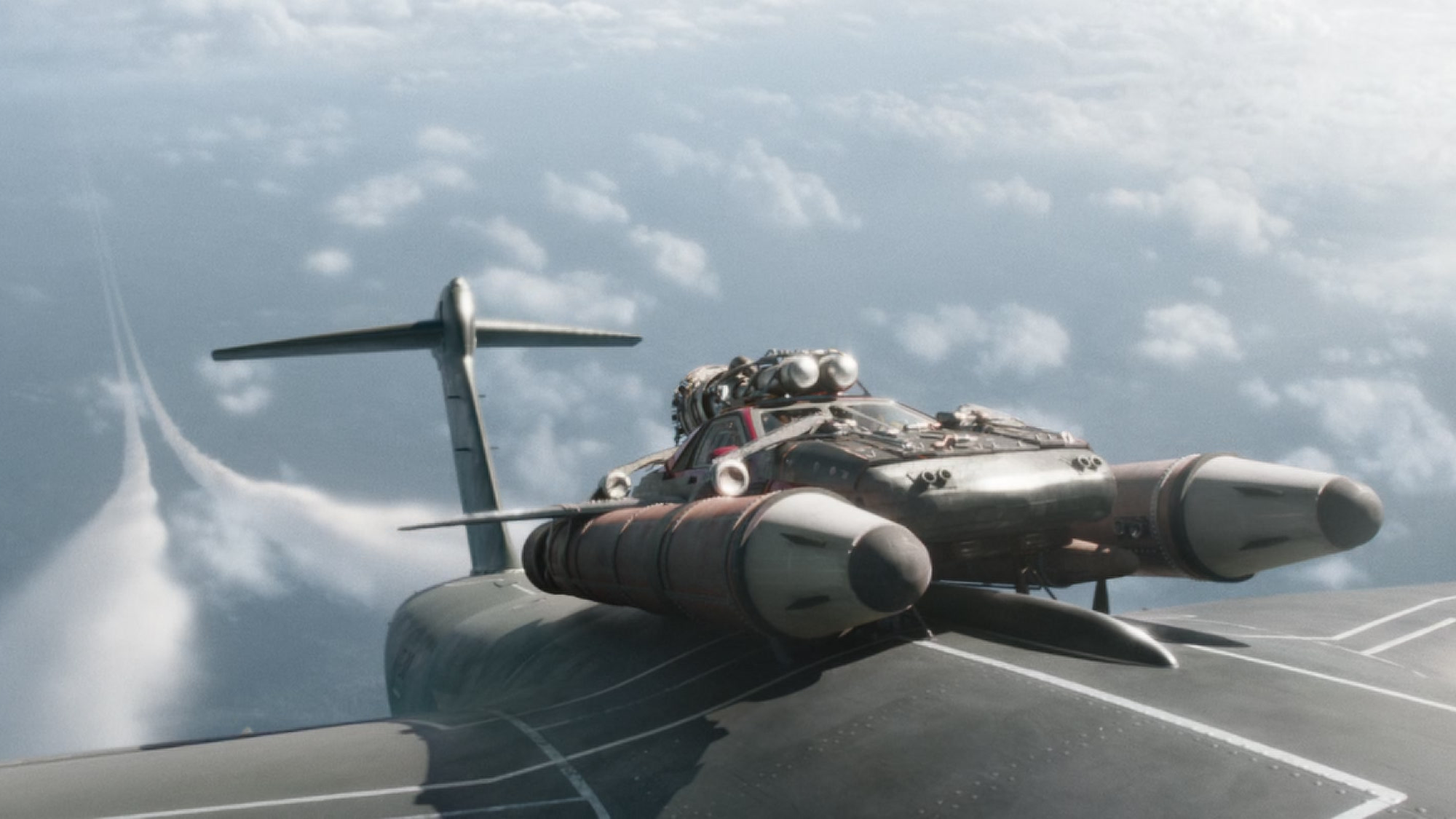 Screenshot from the space launch scene from Fast and Furious 9 (2021)