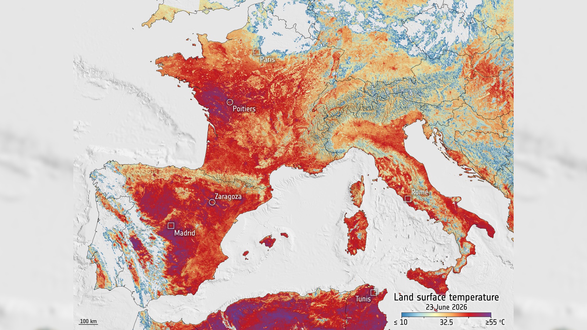 a colorized map of europe showing france and spain in bright red