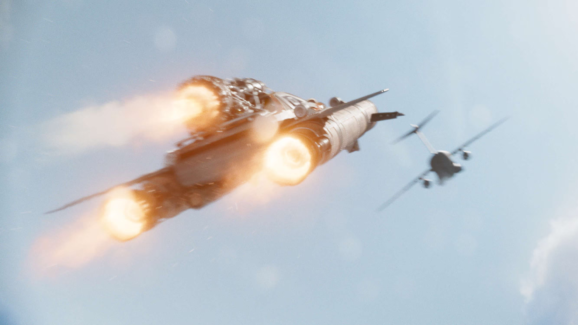 Screenshot from the space launch scene from Fast and Furious 9 (2021)