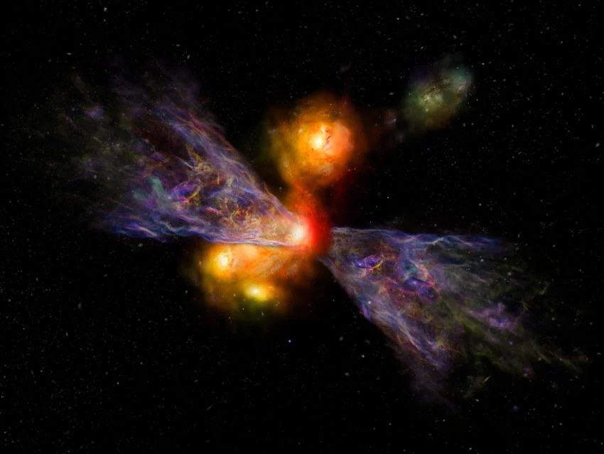 An artist’s impression of the galaxy CRISTAL-02, with a huge plume of cold gas extending away from it. This plume is almost as long as the galaxy itself, which is a telltale sign that gas is being driven out of the galaxy. Credit Joshua Worth via Creative Commons CC-BY license
Licence type Attribution (CC BY 4.0)