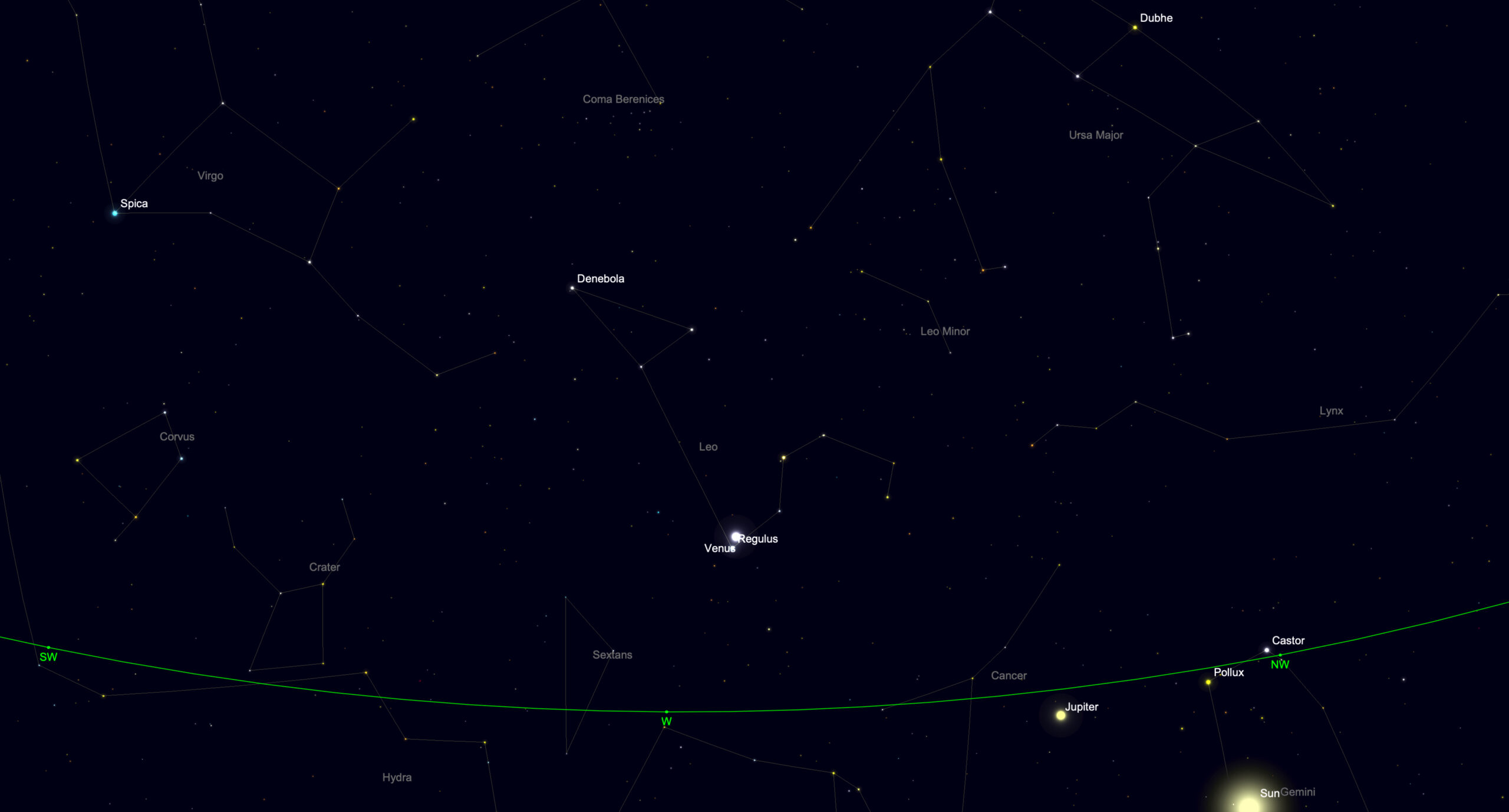 night sky graphic showing venus shining close to Regulus on July 9