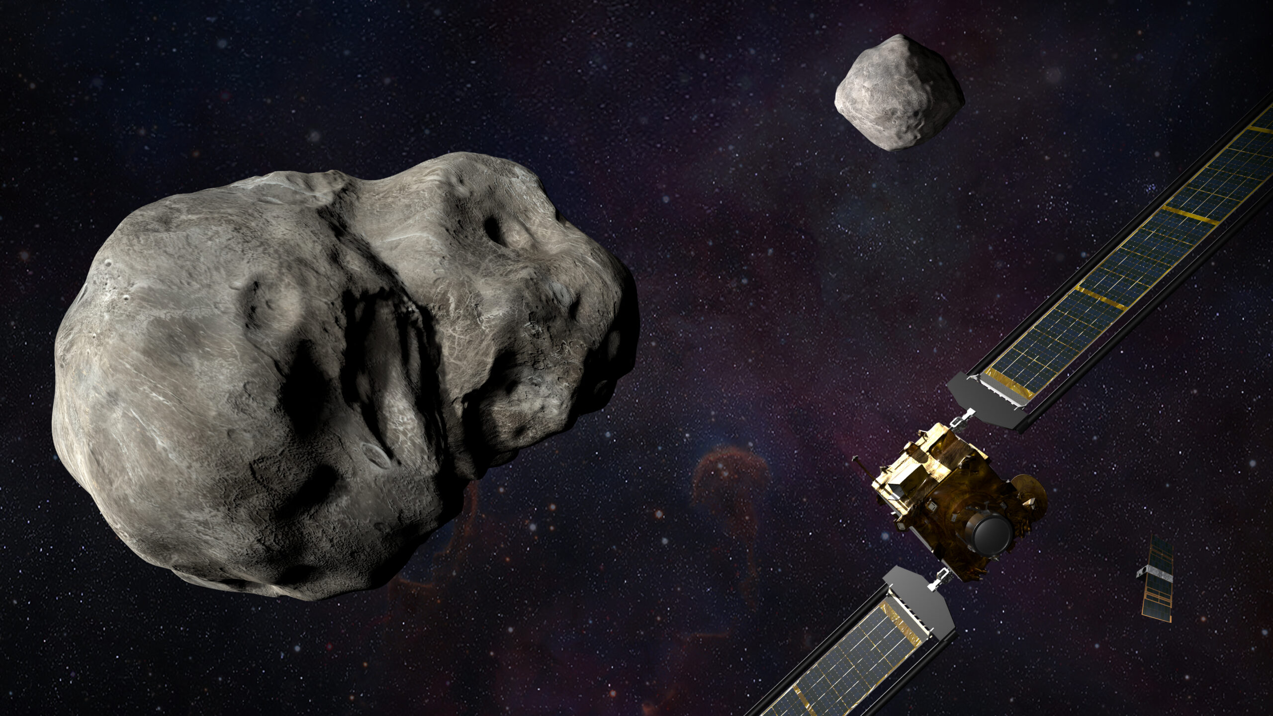 a cube-shaped spacecraft with two wing-like solar arrays flies towards two large rocks in space