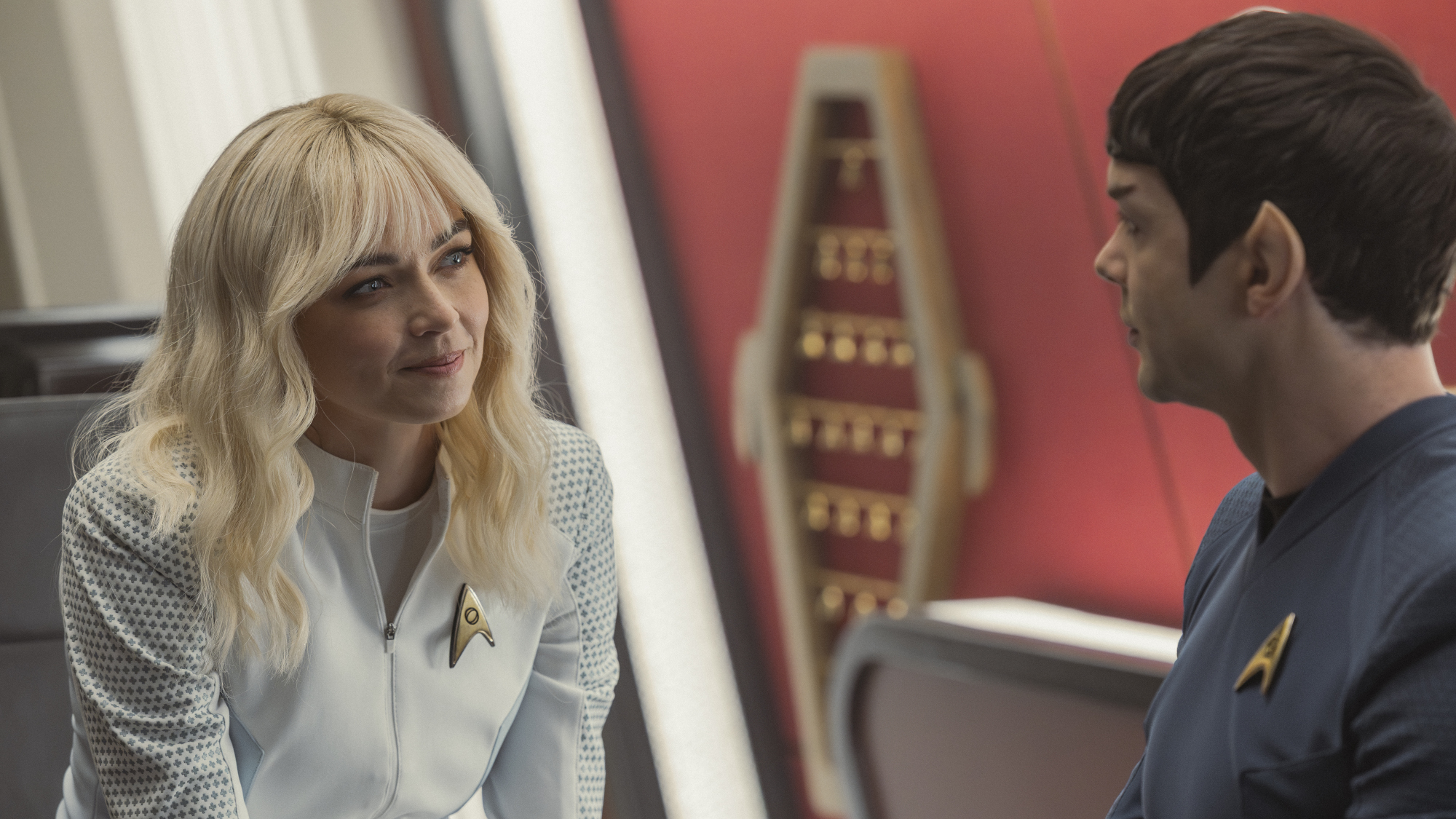 (L-R): Jess Bush as Christine Chapel and Ethan Peck as Spock in season 4, episode 2, of Star Trek: Strange New Worlds