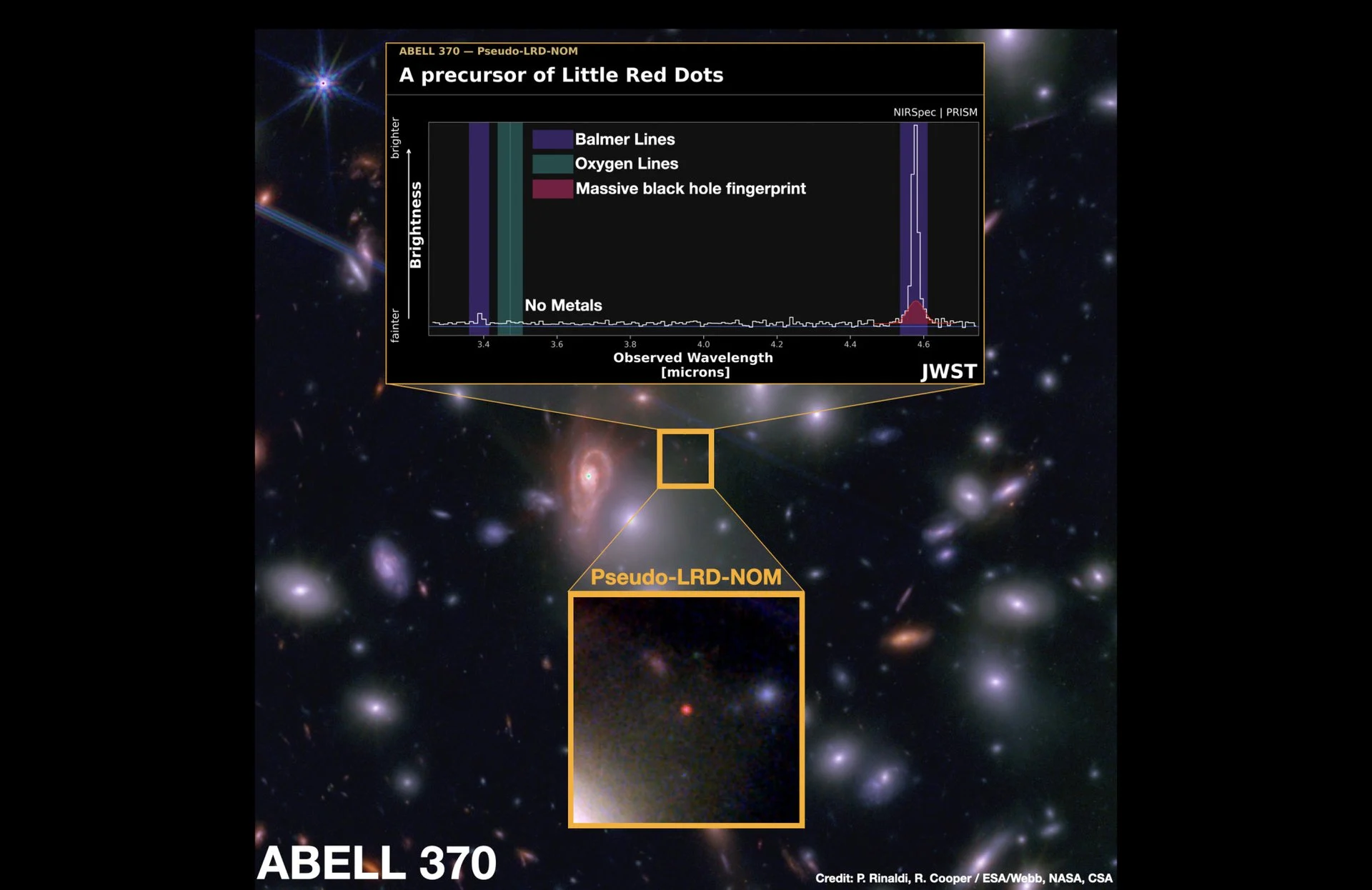 An image and spectrum of a Little Red Dot object found by JWST. It appears to be a still-forming object, seen as it existed in the first billion years after the Big Bang. Credit: P. Rinaldi, R. Cooper / ESA/Webb, NASA, CSA