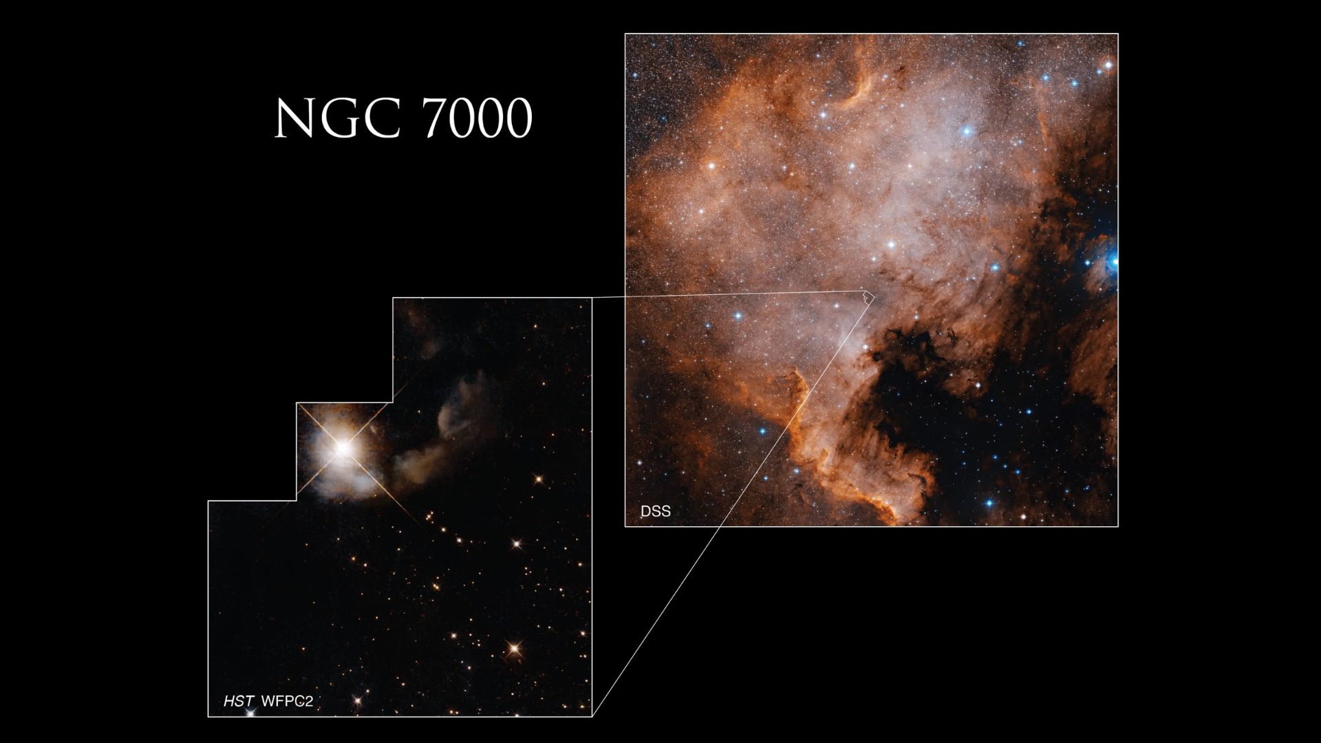 A bright red nebula is shown to the top right of a graphic against a black background, with a magnified section blown up in the lower right.