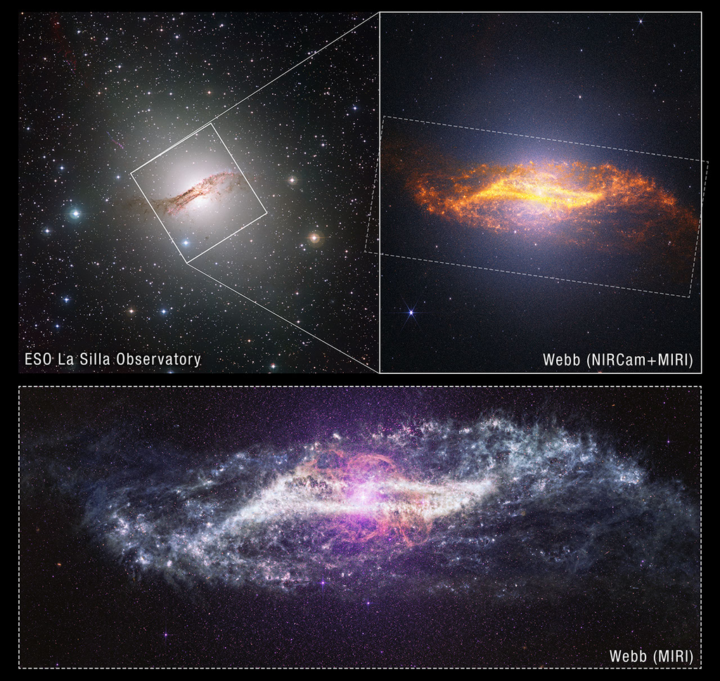A diagram showing the galaxy in an image from the JWST's MIRI, one with the JWST's NIRCam and MIRI combined and one from ESO's La Silla Observatory.