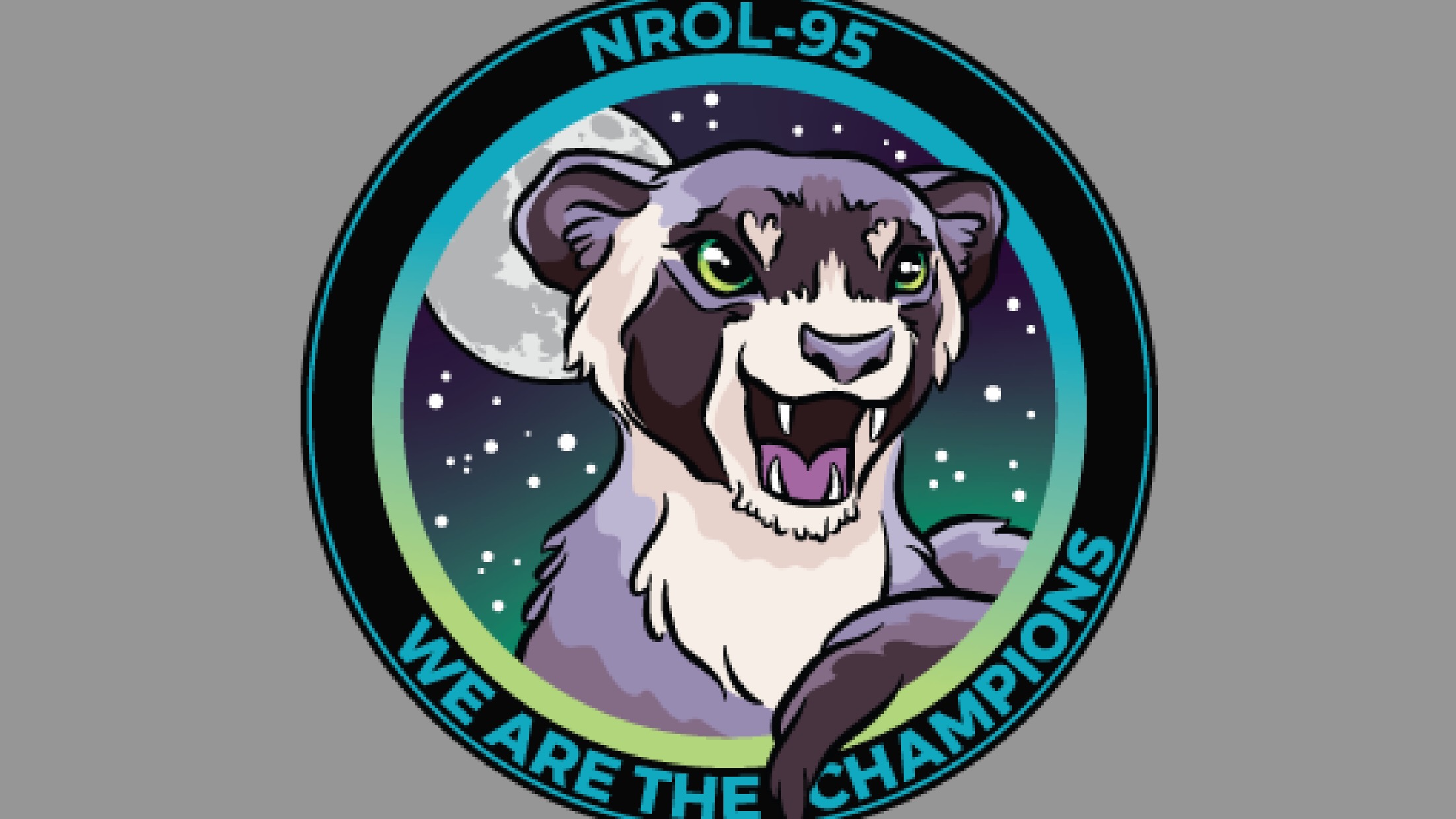 circular space mission patch showing a snarling ferret with the words