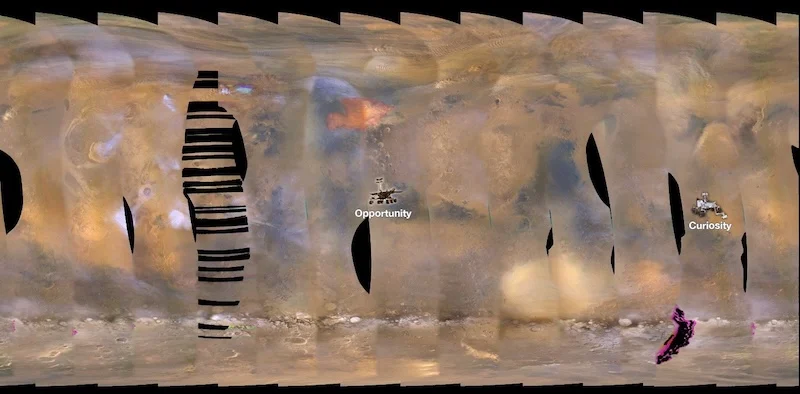 The 2018 Martian dust storm spreads across the planet's surface, as seen by the Mars Colour Imager aboard NASA's Mars Reconnaissance Orbiter (Credit : NASA/JPL-Caltech/MSSS)