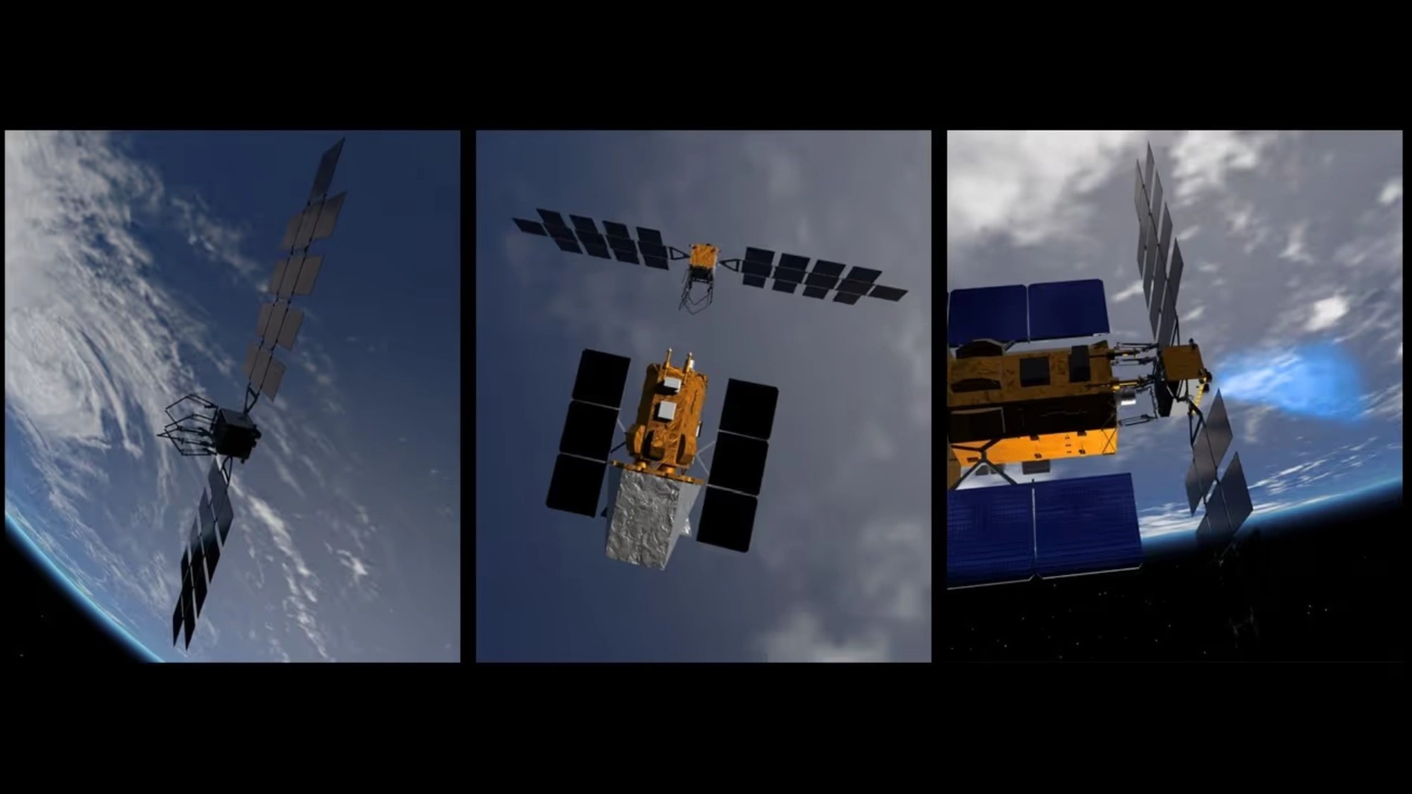 a three-panel illustration showing two spacecraft meeting up above earth