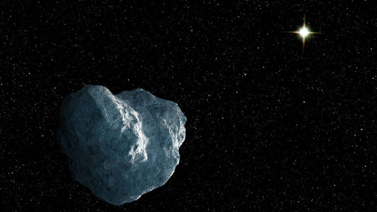 an irregularly-shaped rock on a starry background